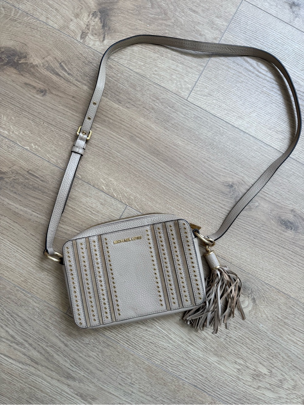 Michael Kors Taupe Leather Grommet Tassel Crossbody Bag